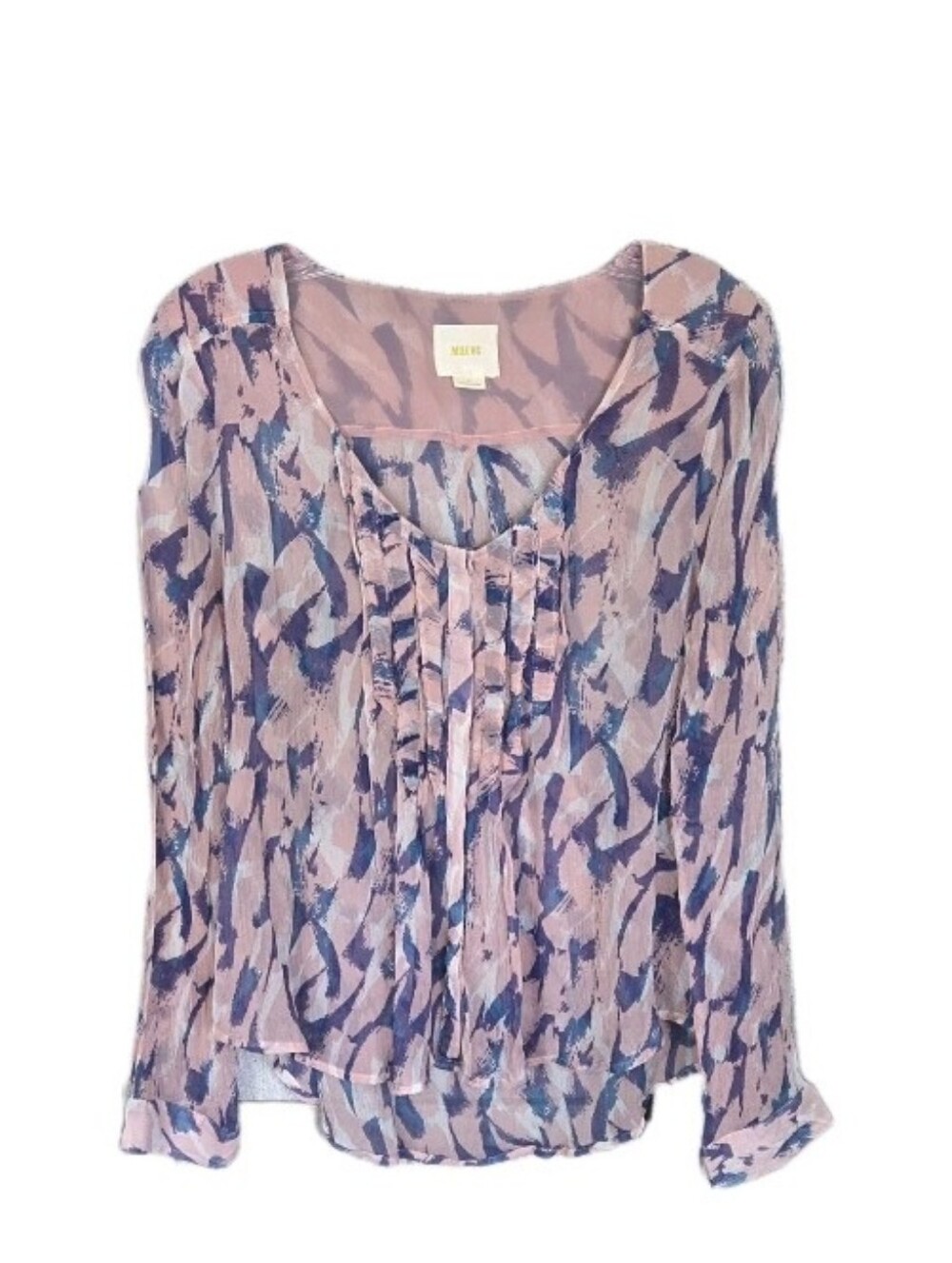 Maeve Anthropologie Sheer Painted Pink Placed Blouse Size 8 Blue/Pink 100% Silk